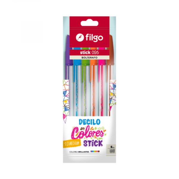 fmtzqtp6tsvoru2rzw9r.png Boligrafo Stick 026 Colores Brillantes x6 Filgo