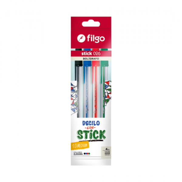 Boligrafo Stick 026 Colores Clasicos x4 Filgo
