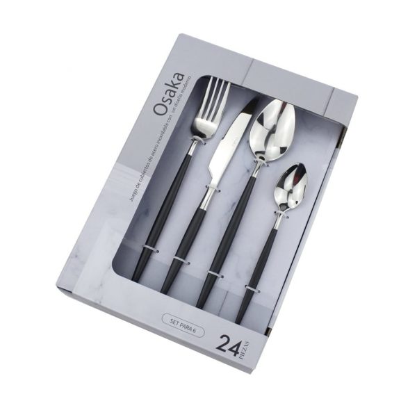 Set 24 piezas cubierto acero inox mango negro osaka