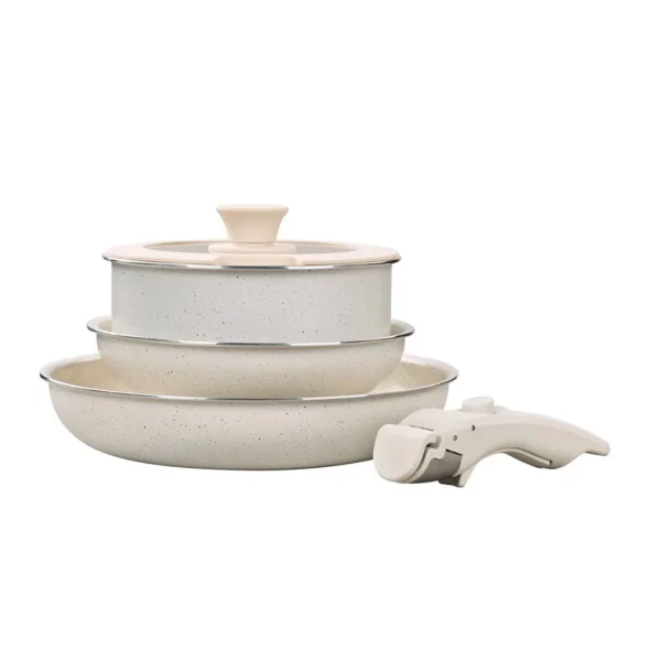 Juego bateria 5 piezas mango desmontable ceramico crema apto induccion
