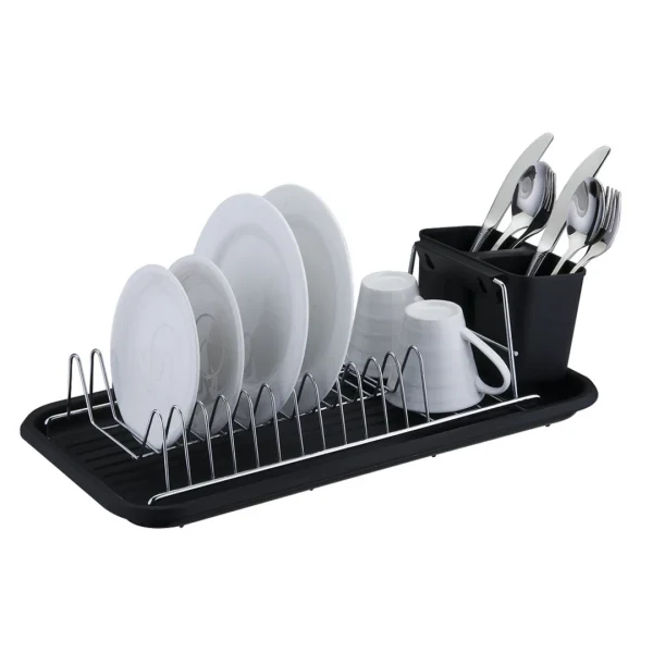 Escurridor a.crom. c/bandeja y cub. negro. 44x24x12cm