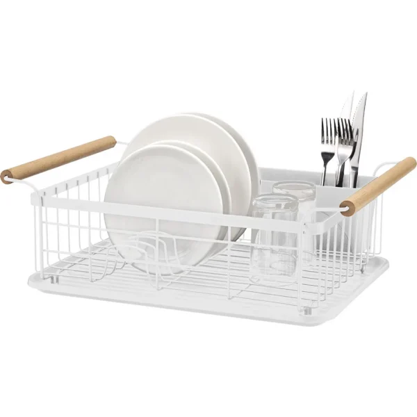 Escurridor metal c/asas madera blanco. 47x30x16cm