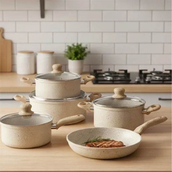 Bateria de cocina 7 piezas antiadherente marble beige - imagen 2