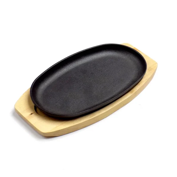 Plancha gril oval hierro c/ base mader. d24x14cm