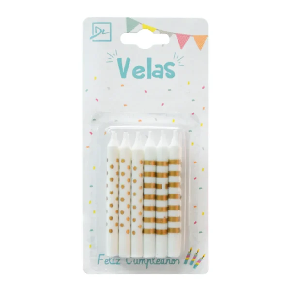 Velas Rayas y Lunares Oro x 12